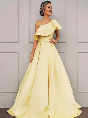 A| Bridelily A-Line One-Shoulder Sweep Train With Ruffles Satin Prom Dresses