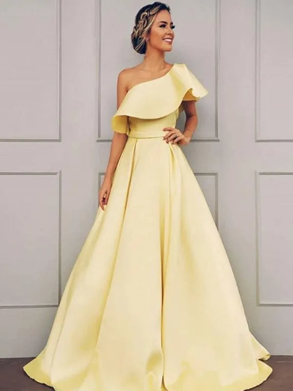 A| Bridelily A-Line One-Shoulder Sweep Train With Ruffles Satin Prom Dresses