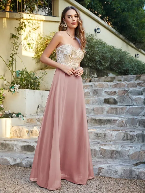 Appliques Cheap Long Prom Dresses Dusty Rose Evening Party Gown