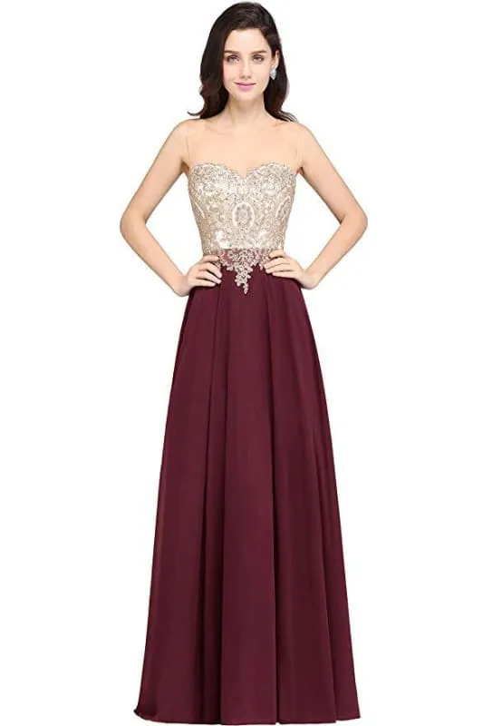 Appliques Cheap Long Prom Dresses Dusty Rose Evening Party Gown