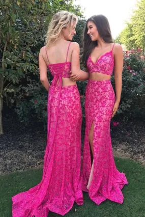 Awesome Latest Wonderful Fuchsia Two Piece Mermaid Spaghetti Straps Lace Split Prom Sexy Party Dress