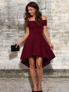 Bridelily A-Line Off-the-Shoulder Sleeveless Short With Ruffles Elastic Woven Satin Dresses