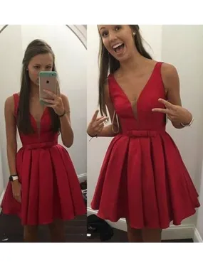 Bridelily A-Line Satin V-neckRed Short/Mini Party Dresses With Bowknot