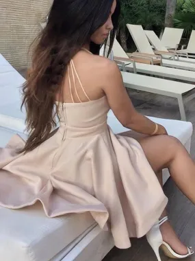 Bridelily A-Line Satin With Ruffles Sleeveless Spaghetti Straps Short/Mini Dresses