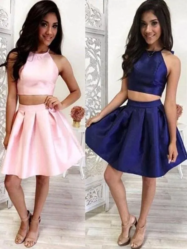 Bridelily A-Line With Ruffles Halter Satin Sleeveless Short/Mini Two Piece Dresses