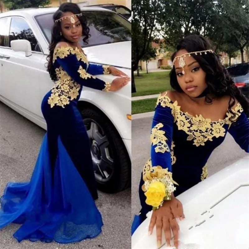 Bridelily Off The Shoulder Gold Lace Prom Dress | 2019 Royal Blue Velvet Sexy Evening Gown FB0321