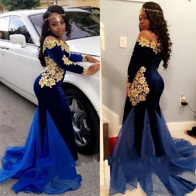 Bridelily Off The Shoulder Gold Lace Prom Dress | 2019 Royal Blue Velvet Sexy Evening Gown FB0321