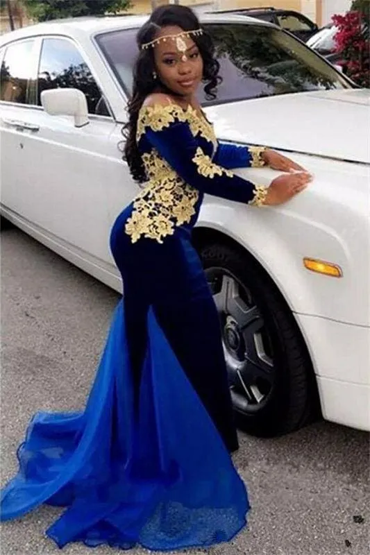 Bridelily Off The Shoulder Gold Lace Prom Dress | 2019 Royal Blue Velvet Sexy Evening Gown FB0321