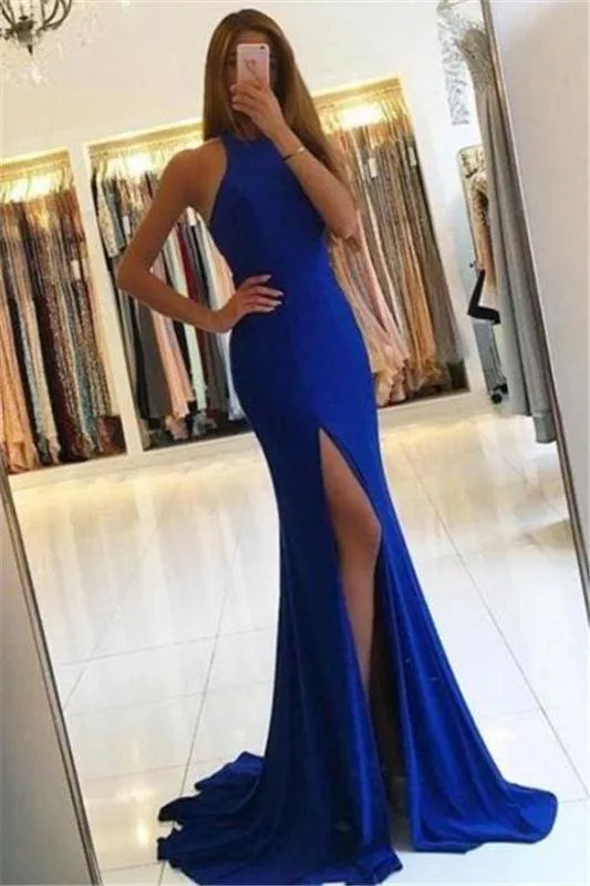 Bridelily Simple Royal-Blue Mermaid Prom Dresses 2019 Side Slit Halter Evening Gowns SK0016