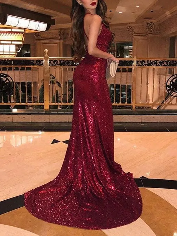 Bridelily Sleeveless  Ruffles Sequins Burgundy Prom Dresses