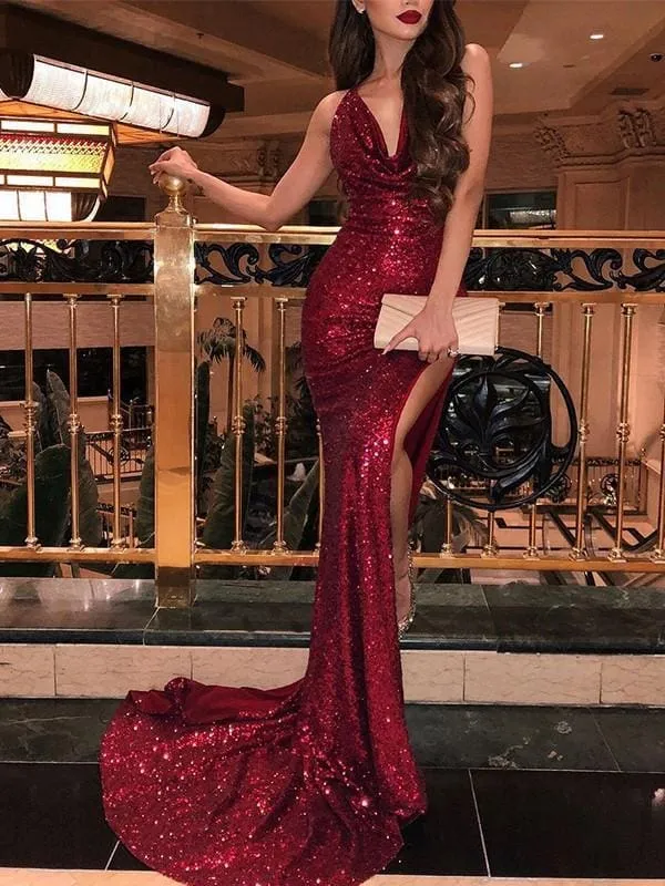 Bridelily Sleeveless  Ruffles Sequins Burgundy Prom Dresses