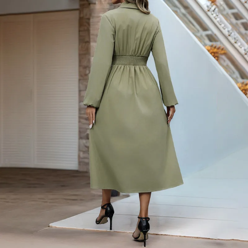 Button Lapel Solid Color Long Sleeve Slim Dress Wholesale Womens Clothing N3824112000022