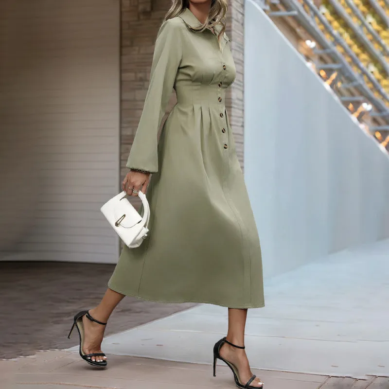 Button Lapel Solid Color Long Sleeve Slim Dress Wholesale Womens Clothing N3824112000022