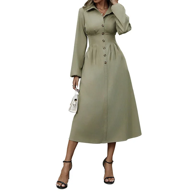 Button Lapel Solid Color Long Sleeve Slim Dress Wholesale Womens Clothing N3824112000022