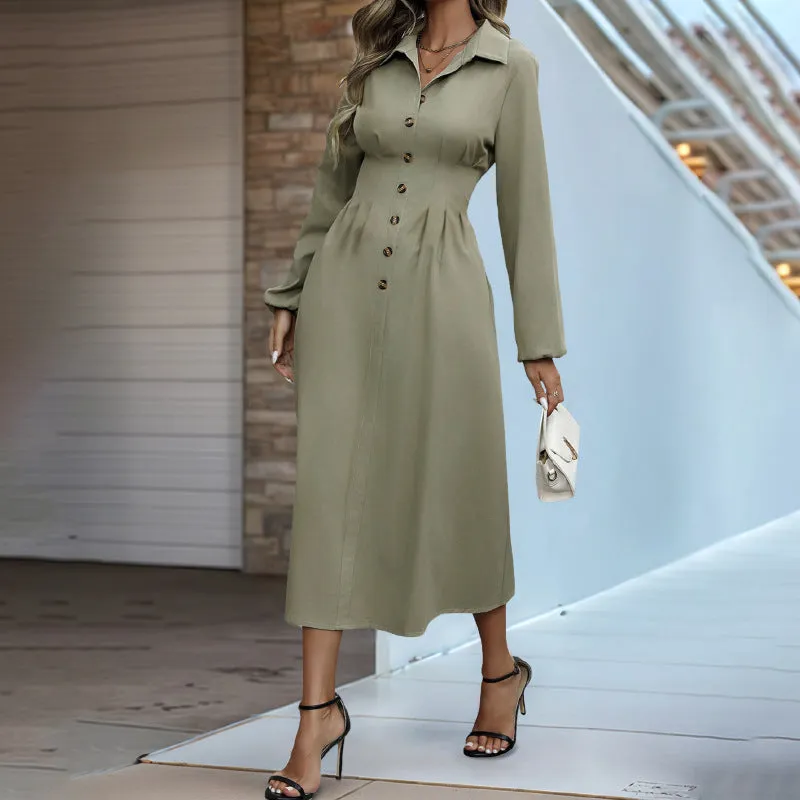 Button Lapel Solid Color Long Sleeve Slim Dress Wholesale Womens Clothing N3824112000022