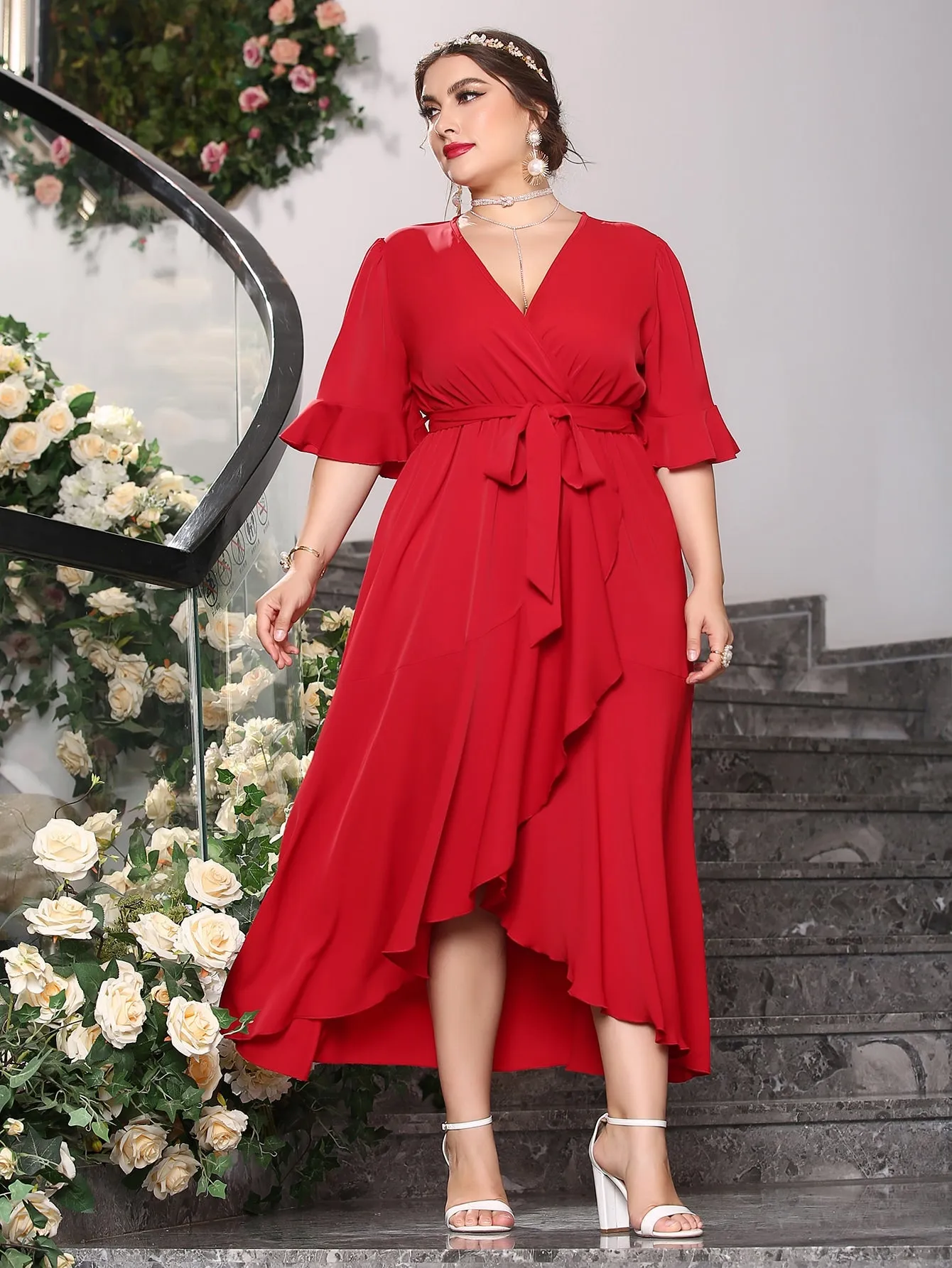 Elegant Plain Wrap Half Sleeve V Neck Wrap High Waist Long Plus Size Dress
