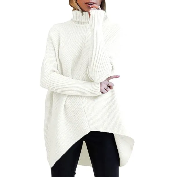 Fantaslook Oversize Womens Turtleneck Sweaters Batwing Sleeve Asymmetric Hem Pullover Sweater