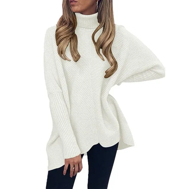 Fantaslook Oversize Womens Turtleneck Sweaters Batwing Sleeve Asymmetric Hem Pullover Sweater