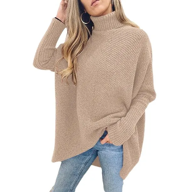 Fantaslook Oversize Womens Turtleneck Sweaters Batwing Sleeve Asymmetric Hem Pullover Sweater