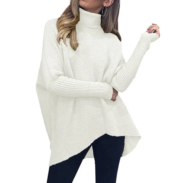Fantaslook Oversize Womens Turtleneck Sweaters Batwing Sleeve Asymmetric Hem Pullover Sweater