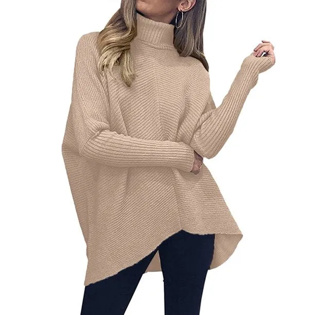 Fantaslook Oversize Womens Turtleneck Sweaters Batwing Sleeve Asymmetric Hem Pullover Sweater