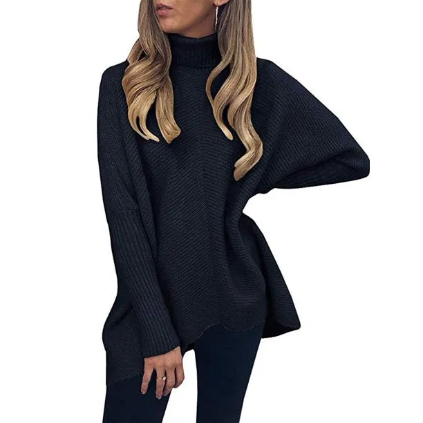 Fantaslook Oversize Womens Turtleneck Sweaters Batwing Sleeve Asymmetric Hem Pullover Sweater