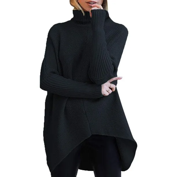 Fantaslook Oversize Womens Turtleneck Sweaters Batwing Sleeve Asymmetric Hem Pullover Sweater