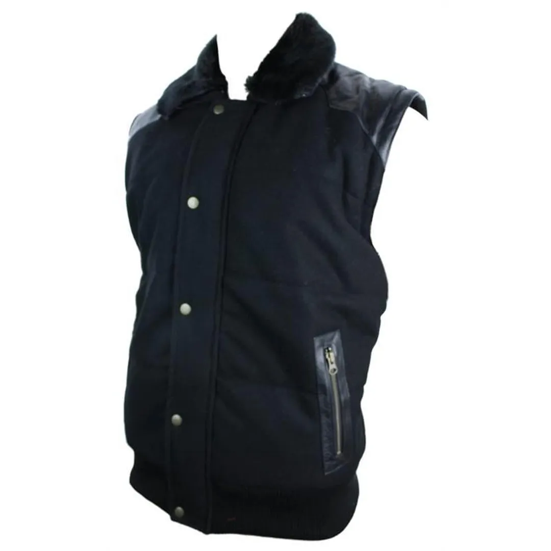 Men's Black Leather Shoulder Patches Bomber Jacket with Removable Sleeves