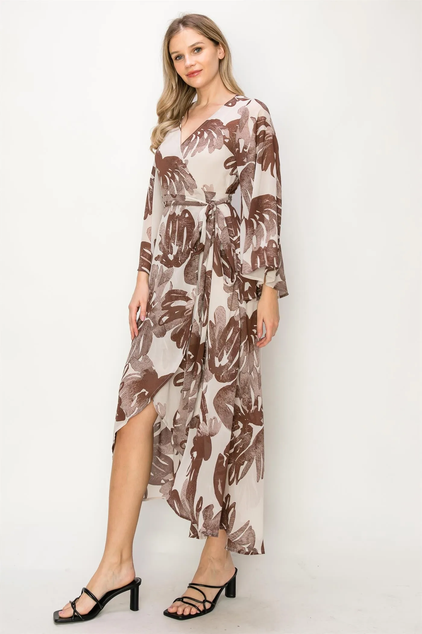 OL24A073-V-NECK WRAP HIGH-LOW DRESS