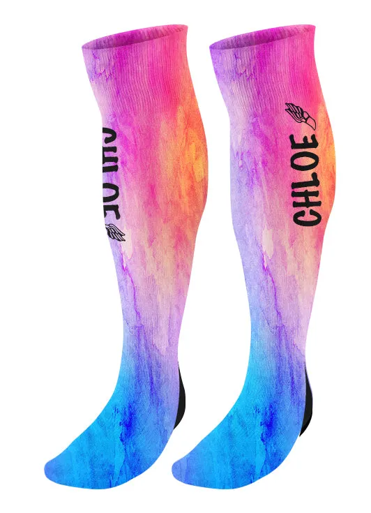 Personalized Track Knee High Socks, Watercolor Background, Custom Track and Field, Winged Foot Socks