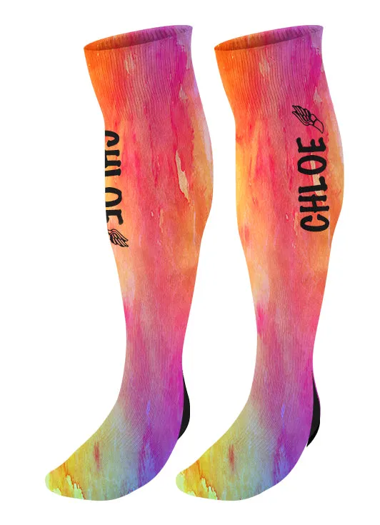 Personalized Track Knee High Socks, Watercolor Background, Custom Track and Field, Winged Foot Socks