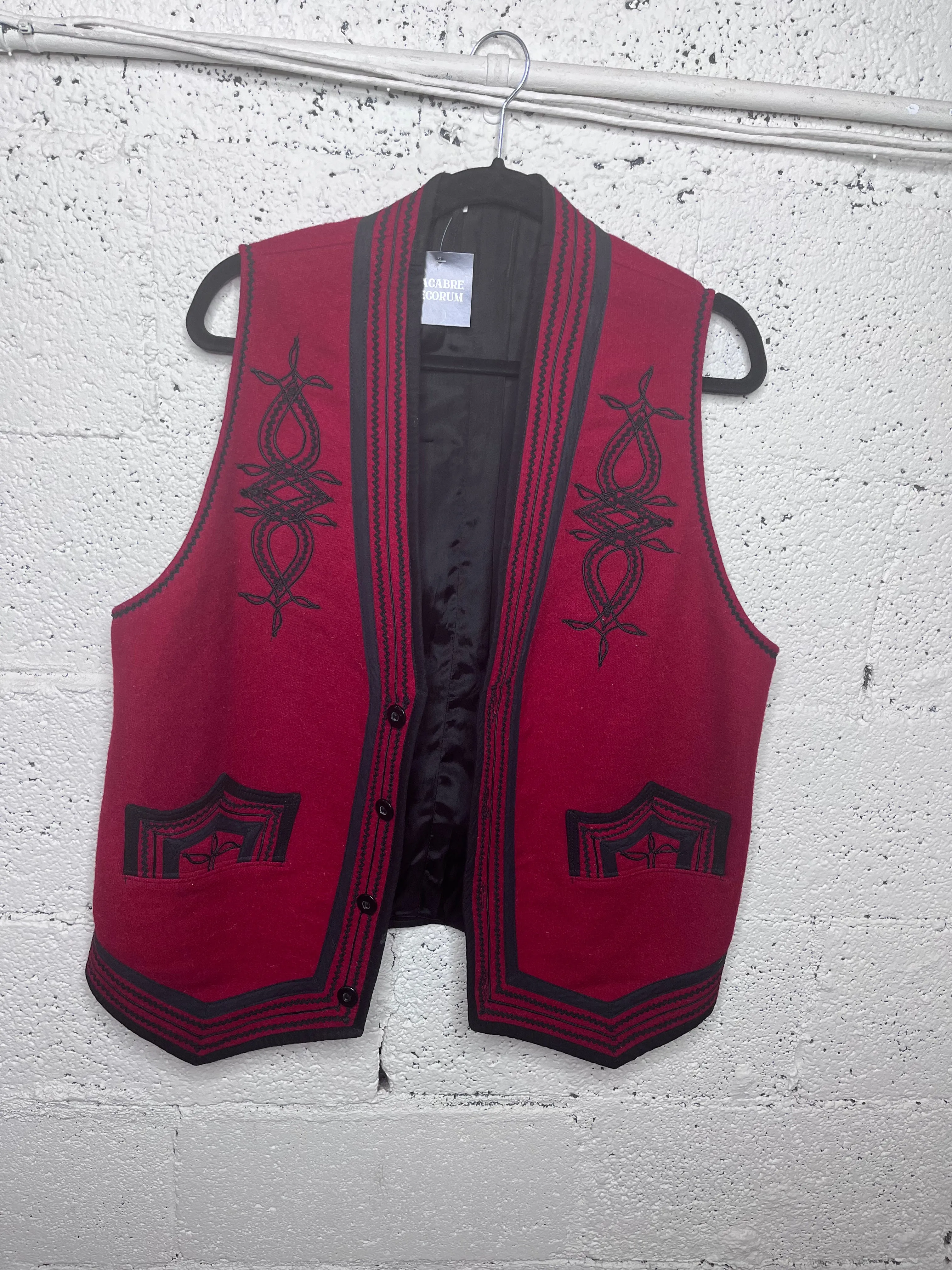Red Wool Vest - Black Embroidery