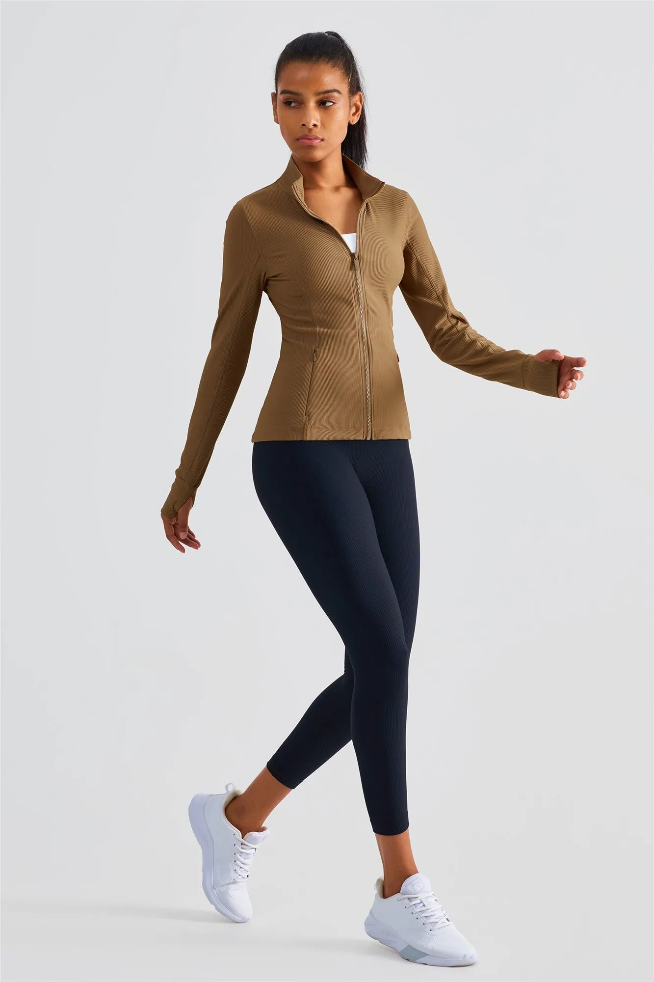 Ribbed Stand-Collar Full Zip Track Jacket