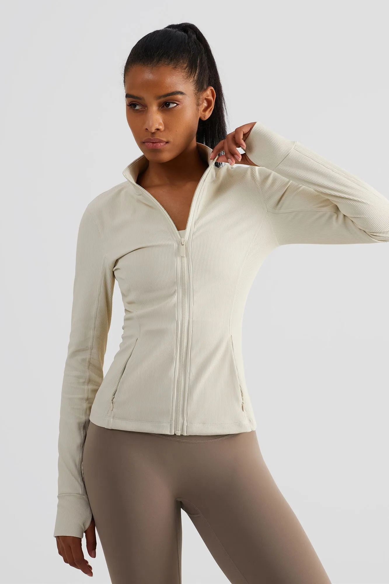 Ribbed Stand-Collar Full Zip Track Jacket