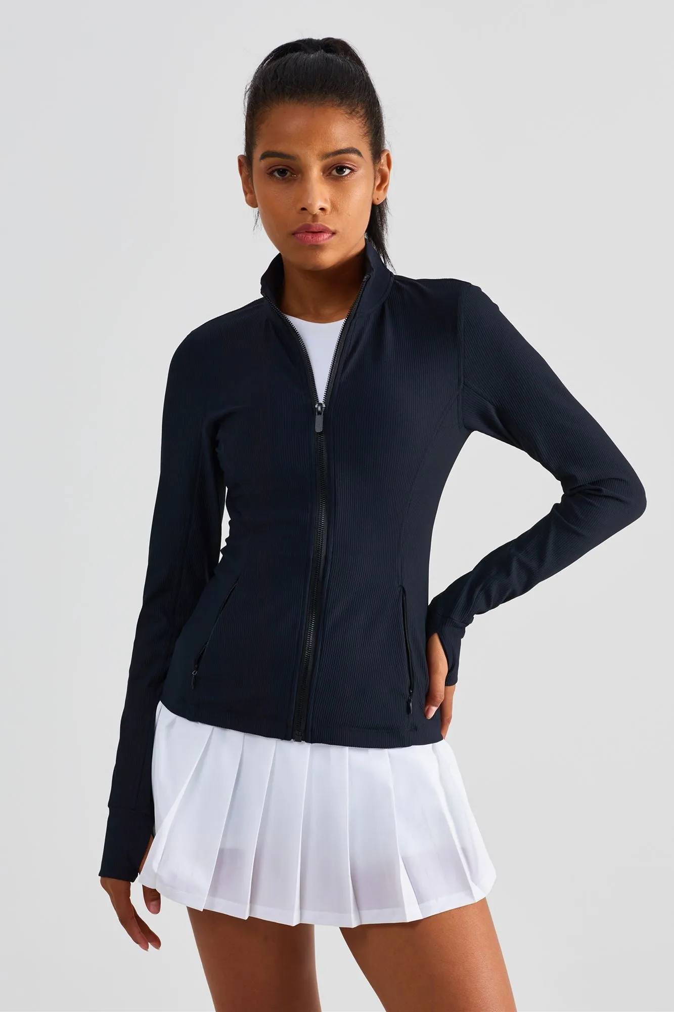 Ribbed Stand-Collar Full Zip Track Jacket