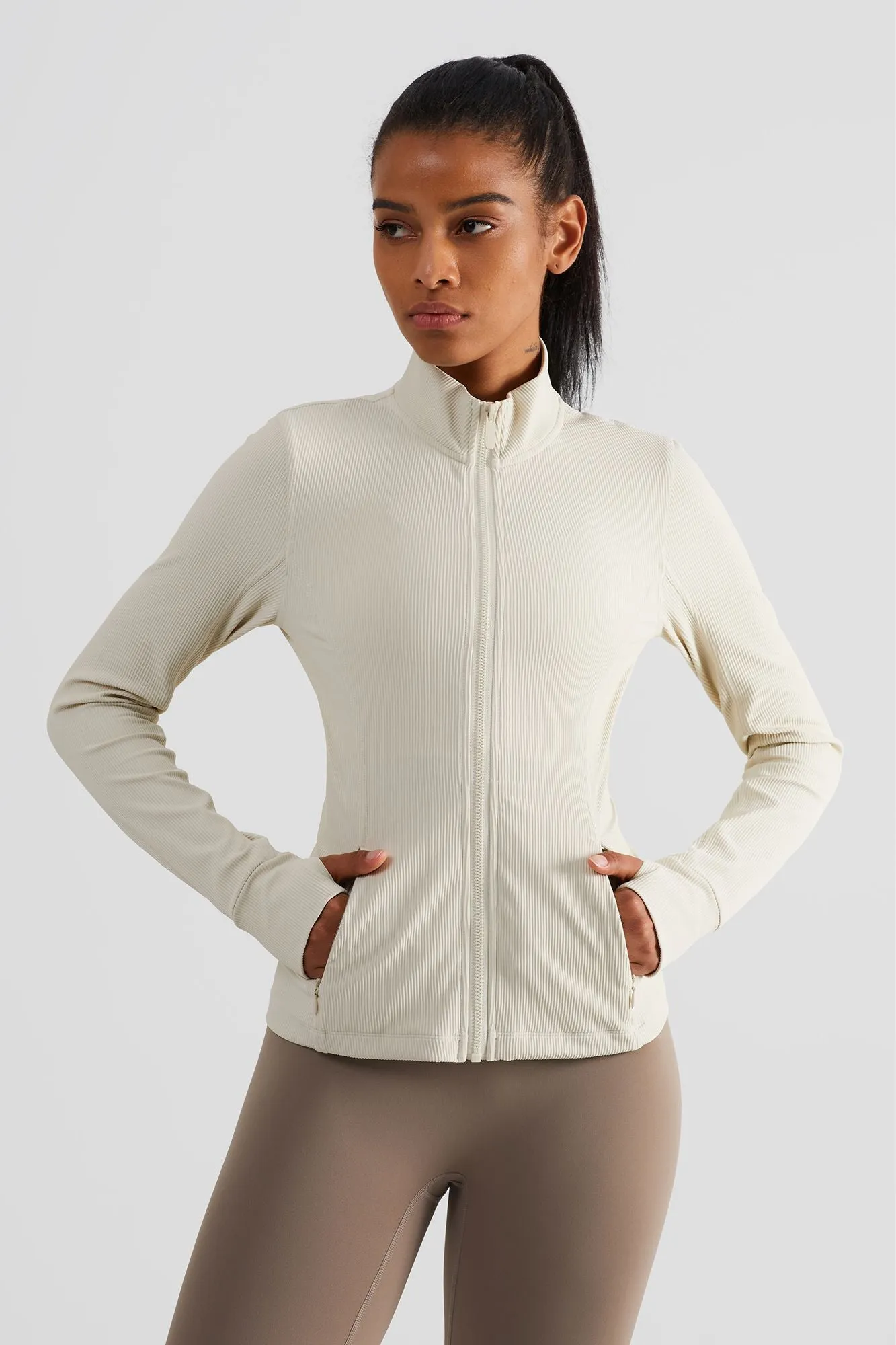 Ribbed Stand-Collar Full Zip Track Jacket