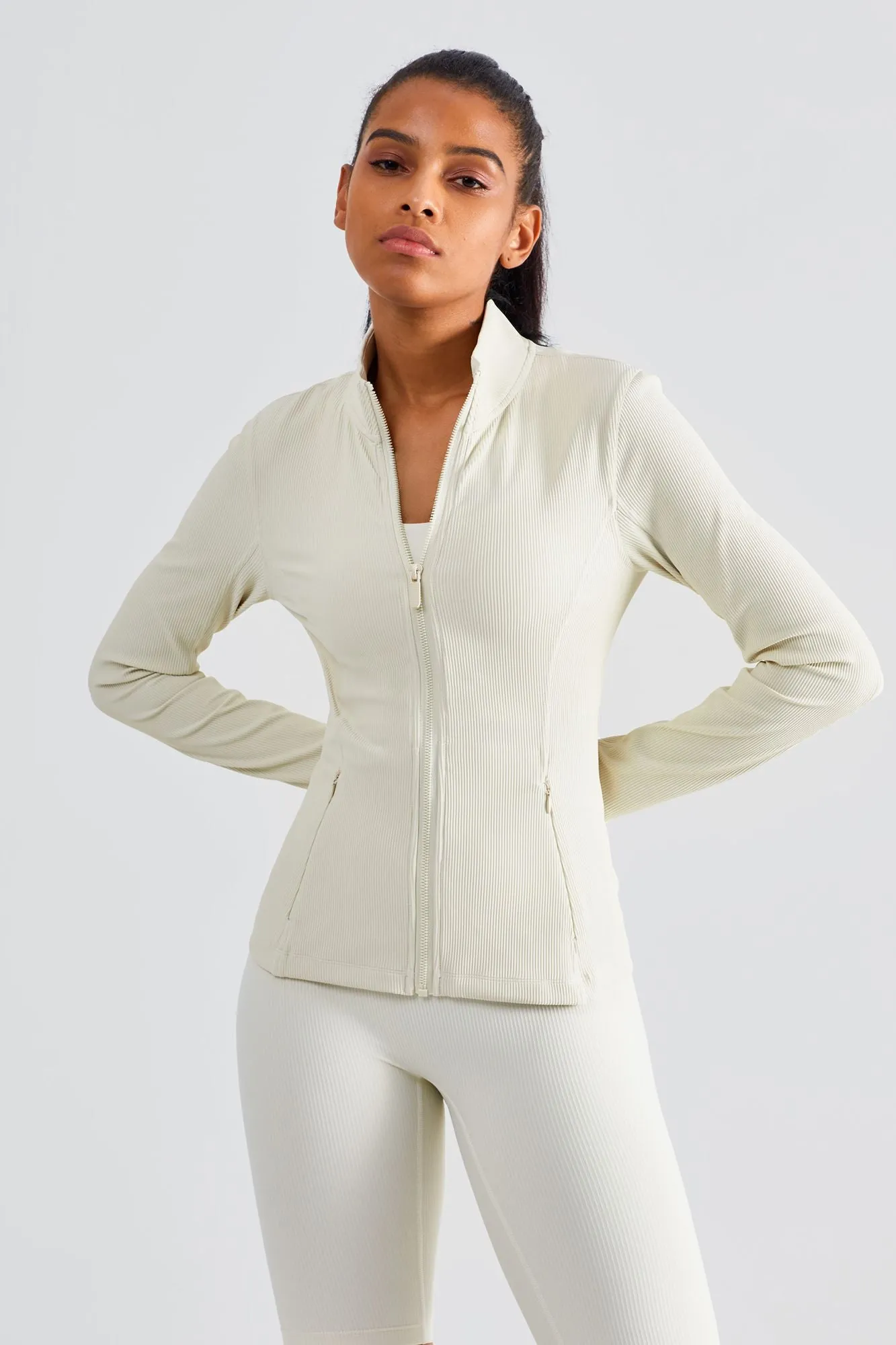 Ribbed Stand-Collar Full Zip Track Jacket
