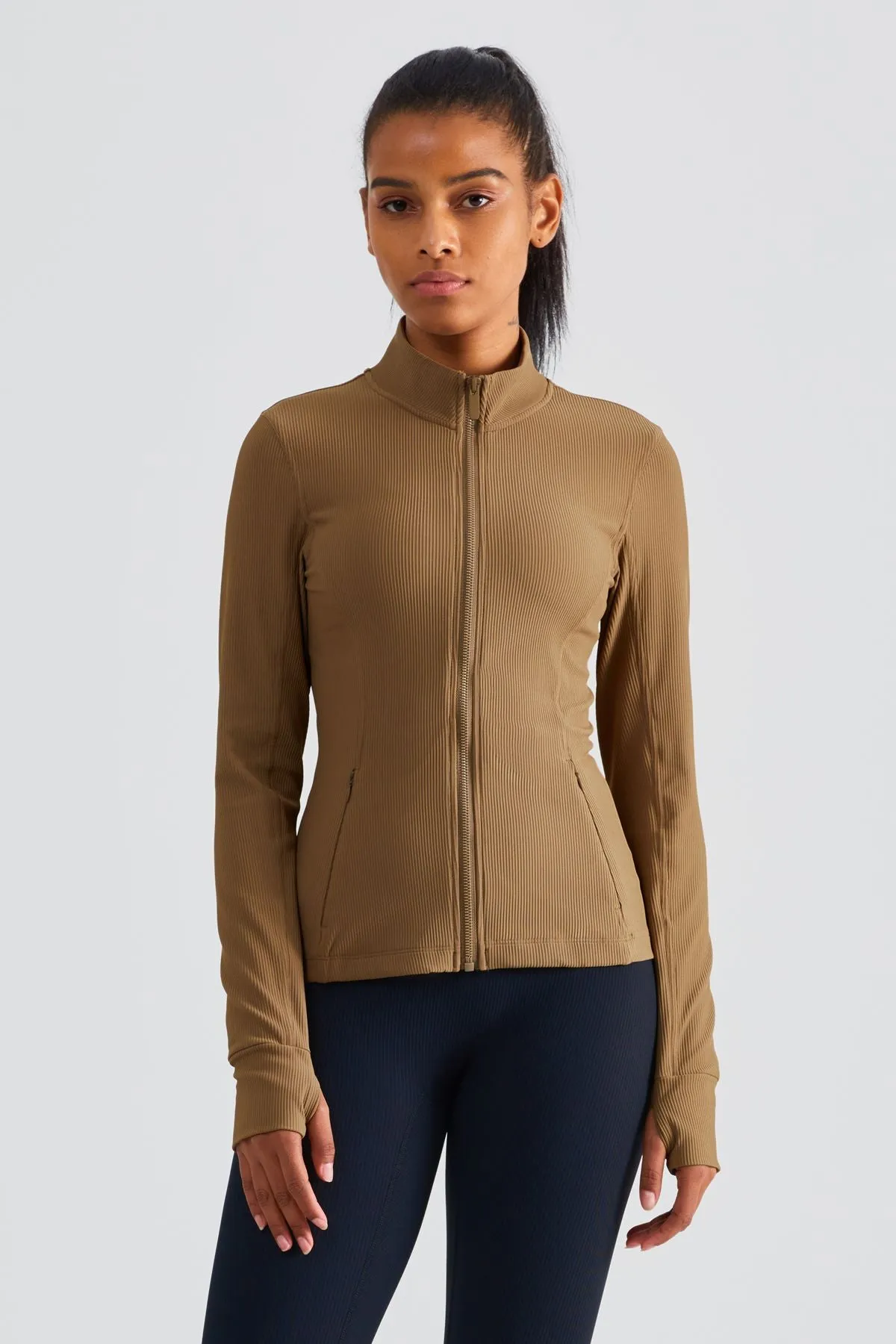 Ribbed Stand-Collar Full Zip Track Jacket