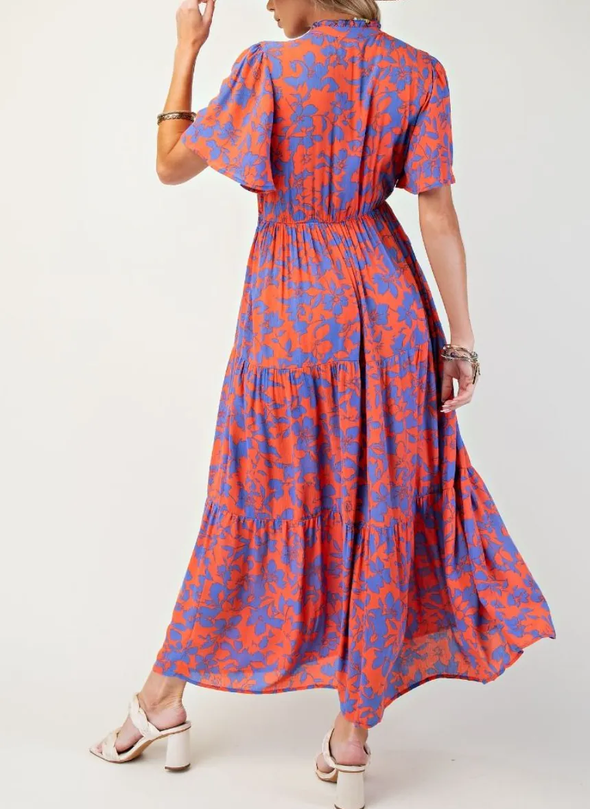 Wing Sleeves Floral Print Rayon Gauze Maxi Dress